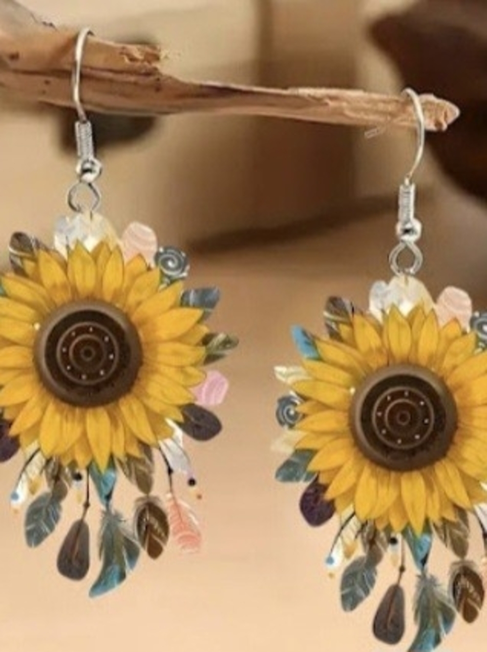 Yellow Sunflower Dangle Earrings with Multicolor Feather Accents